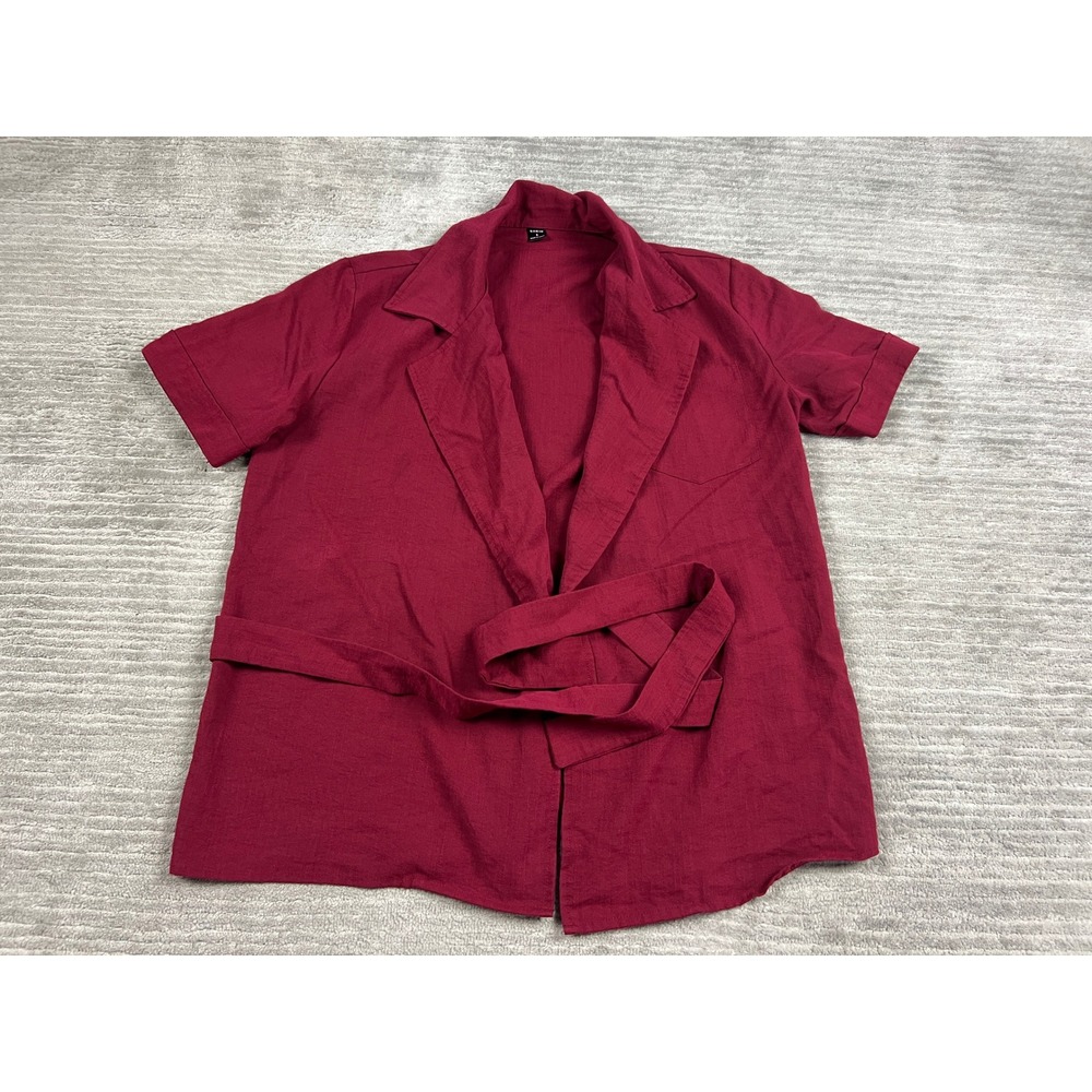 SHEIN Blazer Top Womens S Burgundy Short Sleeve Belted Notched Lapel Solid Work‎